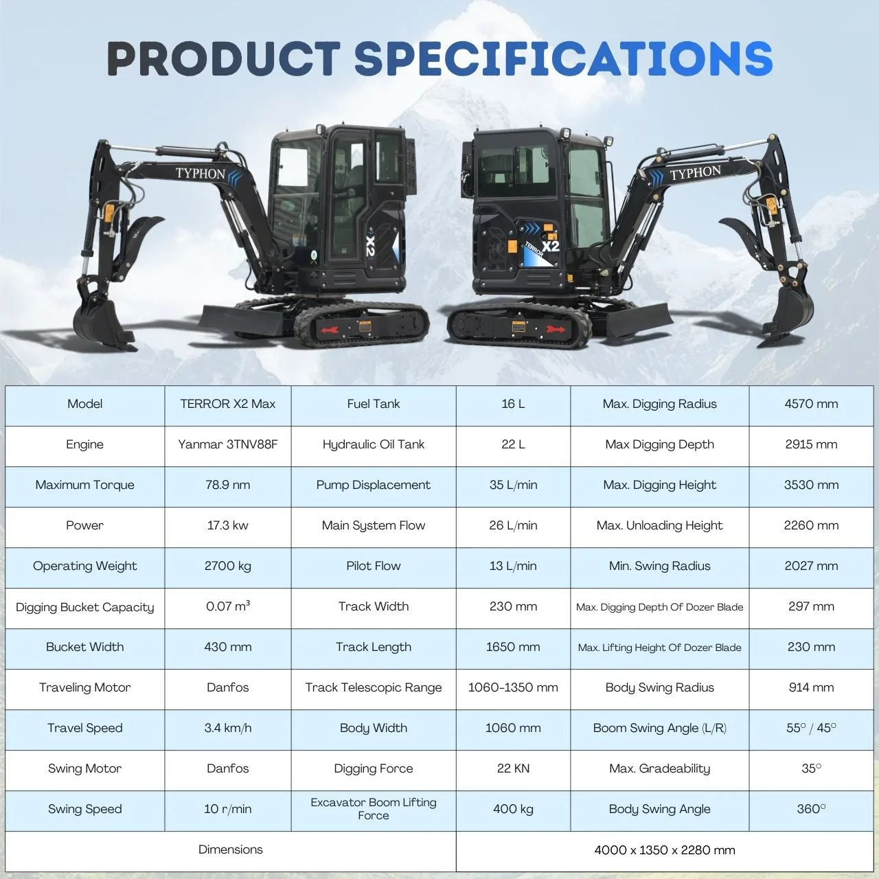 TYPHON TERROR X2 MAX 2.7-Ton Mini Excavator Powerful, Yanmar Engine, Cabin with A/C & Heater, Pilot Control, Boom Swing from American Loader — image 2