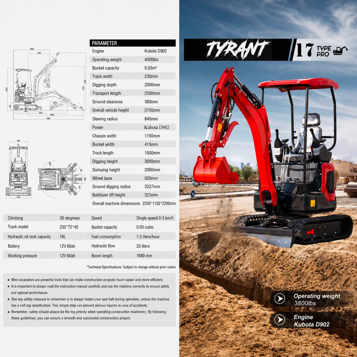 3800lbs TYRANT 17 Diesel Mini Excavator Kubota D902 Engine Side Swing w 12 attachments from American Loader — image 2