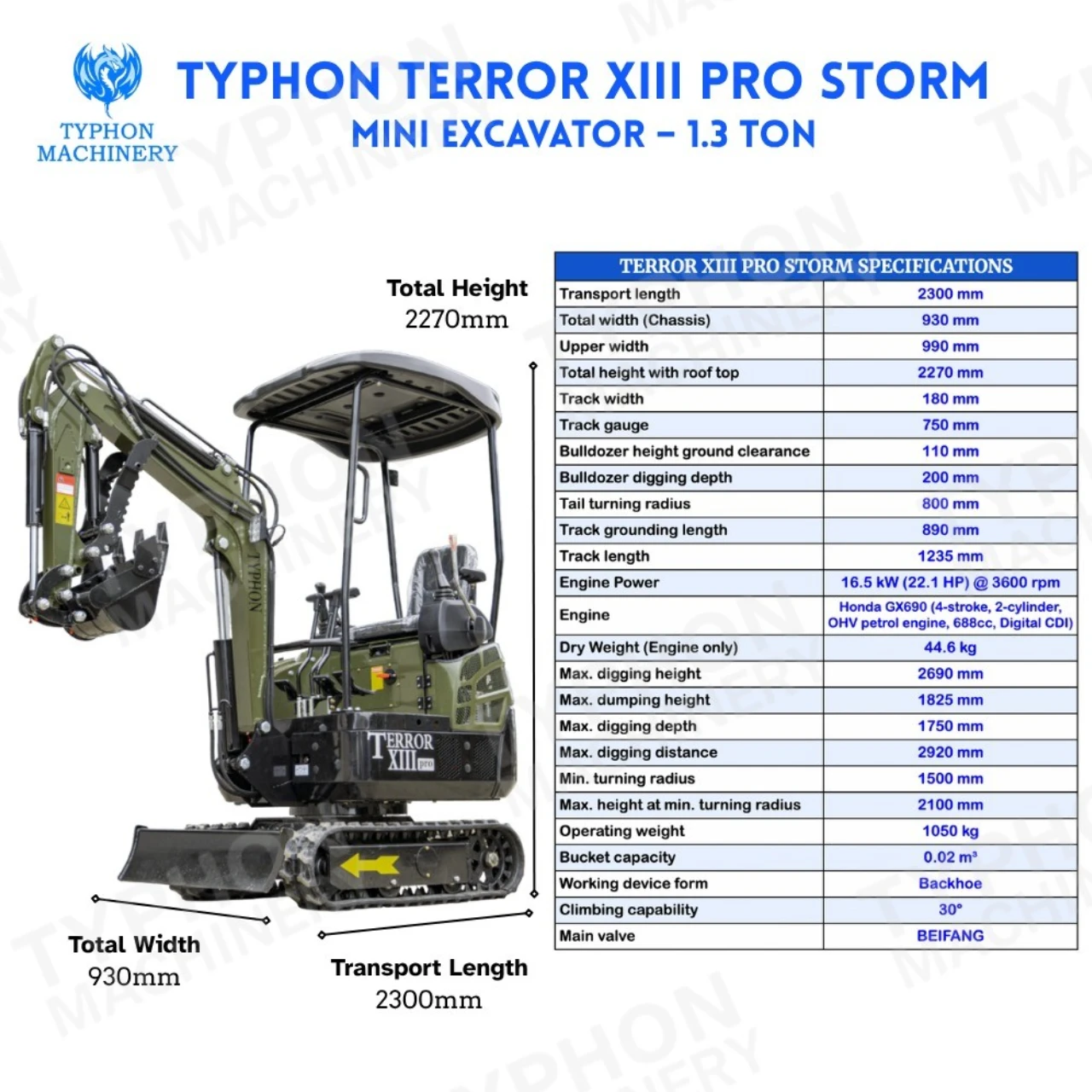 TYPHON TERROR XIII PRO Mini Excavator – 1.3 Ton Trench Digger with Canopy, Hydraulic Thumb Clip, 22.1hp Honda Engine USA from American Loader — image 2