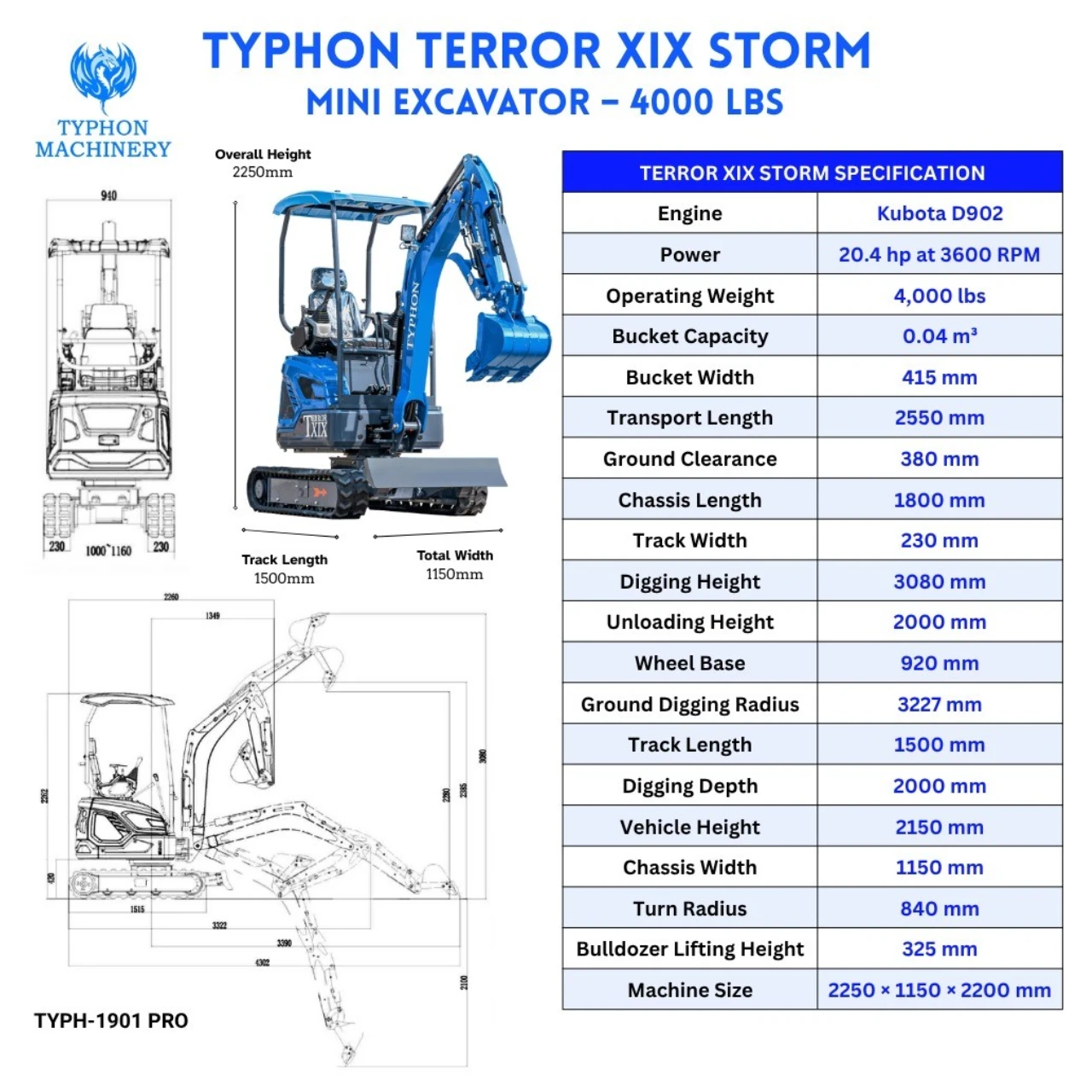 TYPHON TERROR XIX STORM Mini Excavator – 4000lbs Trench Digger with Boom Swing, Canopy, Retractable Tracks from American Loader — image 2