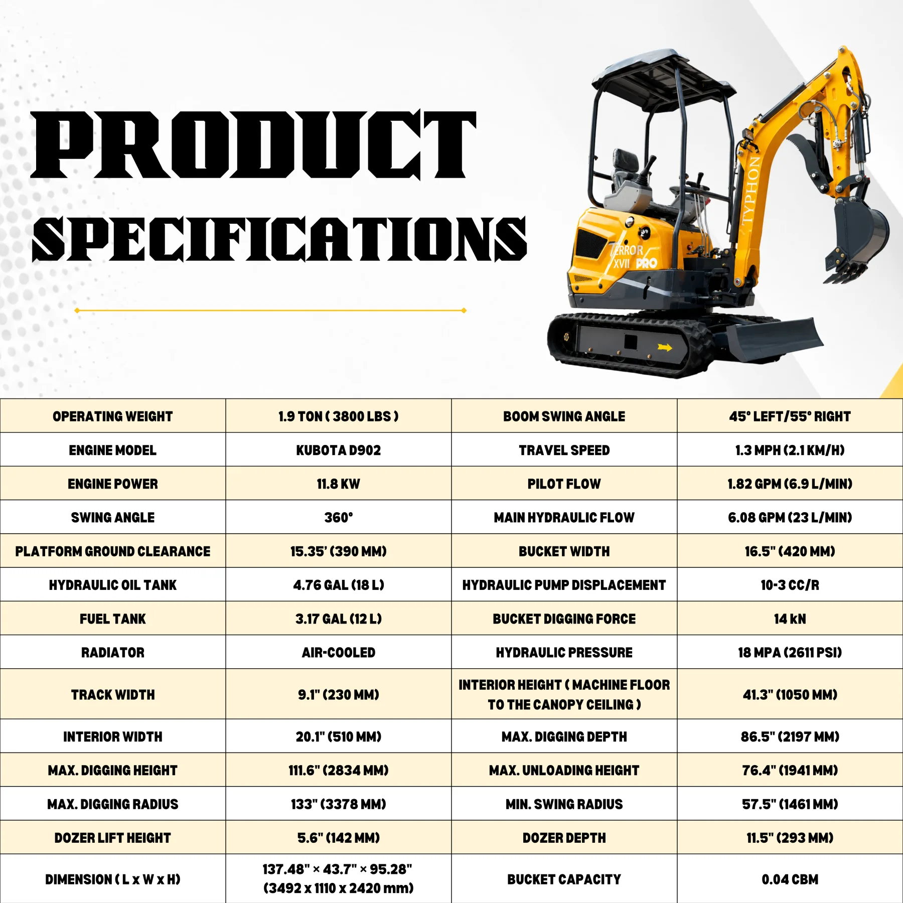 TYPHON TERROR XVII PRO 3800 lb Mini Excavator, Kubota D902 Diesel, Hydraulic Thumb, Pilot Controls, 14kN Dig Force from American Loader — image 2