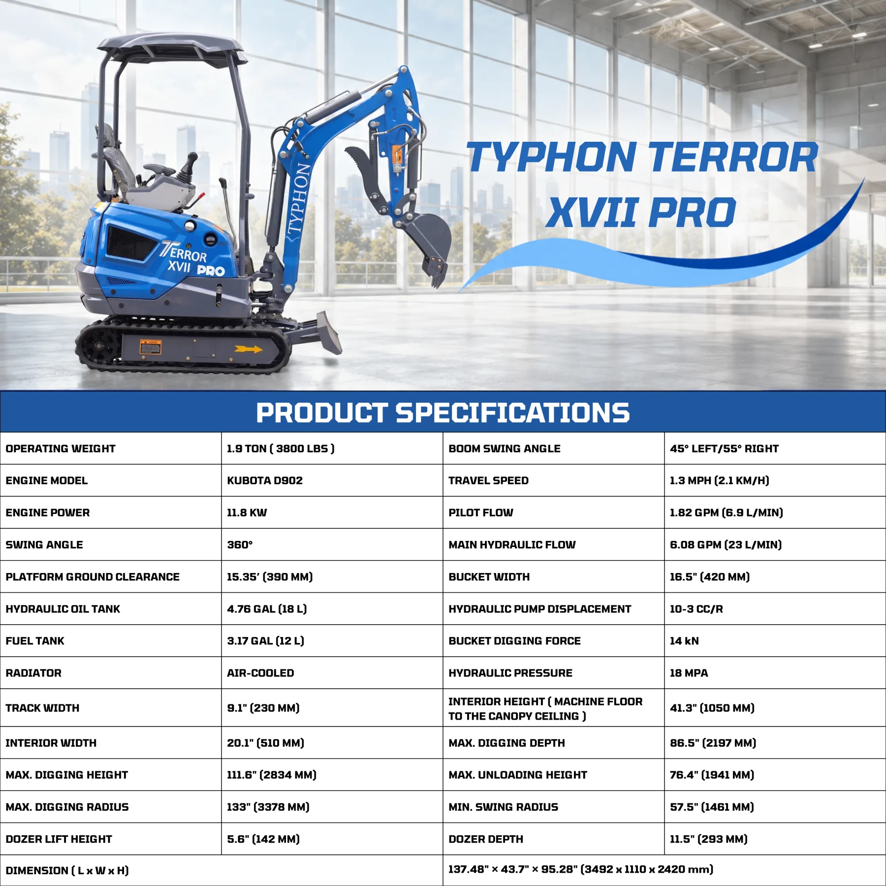 New TYPHON TERROR XVII PRO 3800 lb Mini Excavator – Kubota Diesel, Premium Hydraulics, 14kN Dig Force, Boom Swing from American Loader — image 2