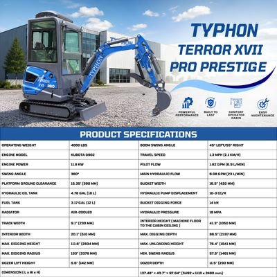 TYPHON TERROR XVII PRO Prestige Edition – Enclosed Mini Excavator with AC, Heater & Ergonomic Comfort from American Loader — image 3
