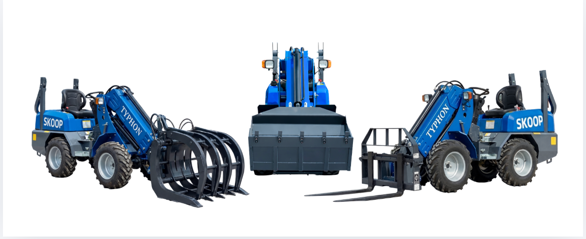 SKOOP wheel loader attachments for lifting loading and material handling